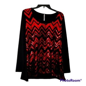 Studio 226 Red Chevron Sequin Black Long Sleeve Shirt Womens Size Small